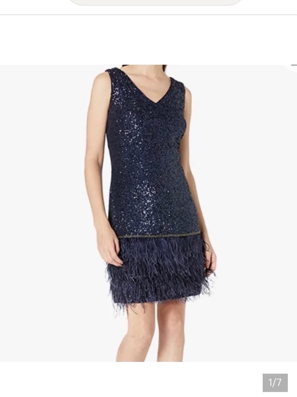 Tahari Navy Sequin Feather-Hem Midi Dress
